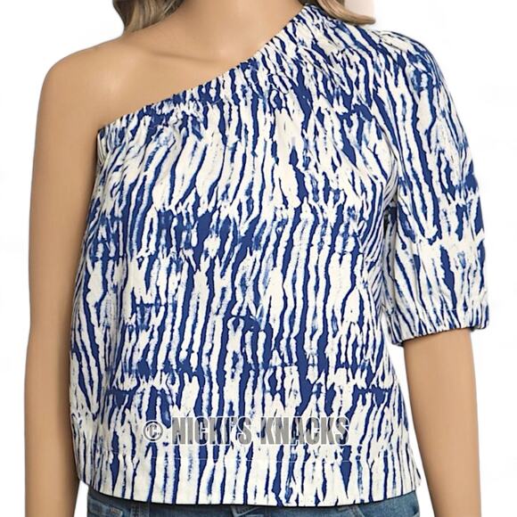 Rails Jayla One Shoulder Puff Sleeve Cobalt Shibori Blue White Top Size M - Picture 4 of 10